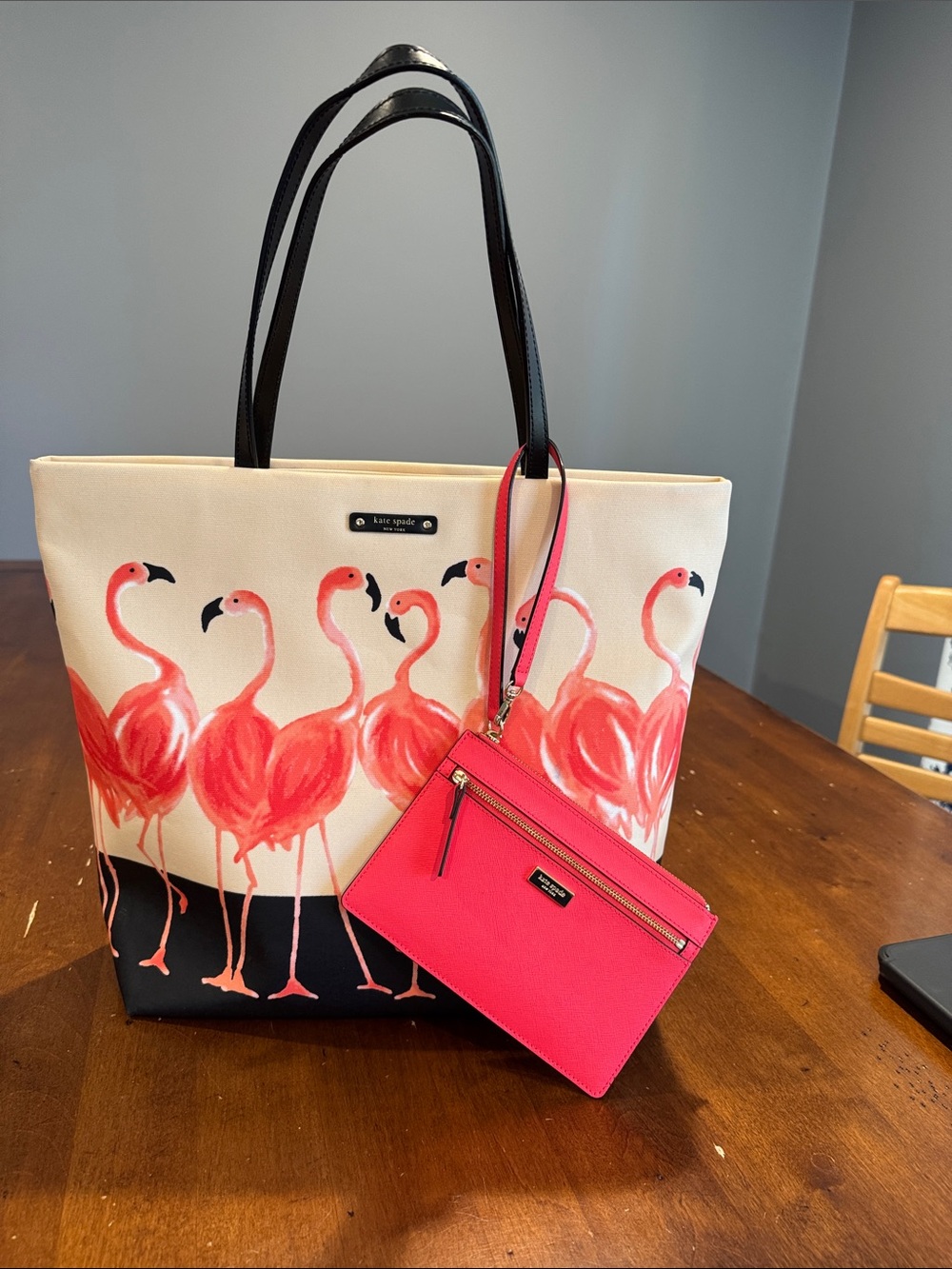 kate spade Cream Flamingo Print Tote with Hot Pink Wristlet